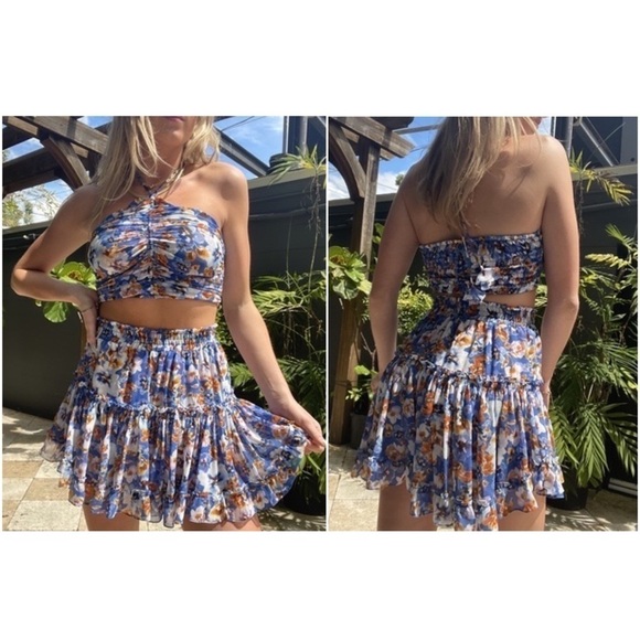 MISA LOS ANGELES Floral Ruched Smocked Sleeveless Halter Neck Chiffon Crop Top M - Picture 11 of 16